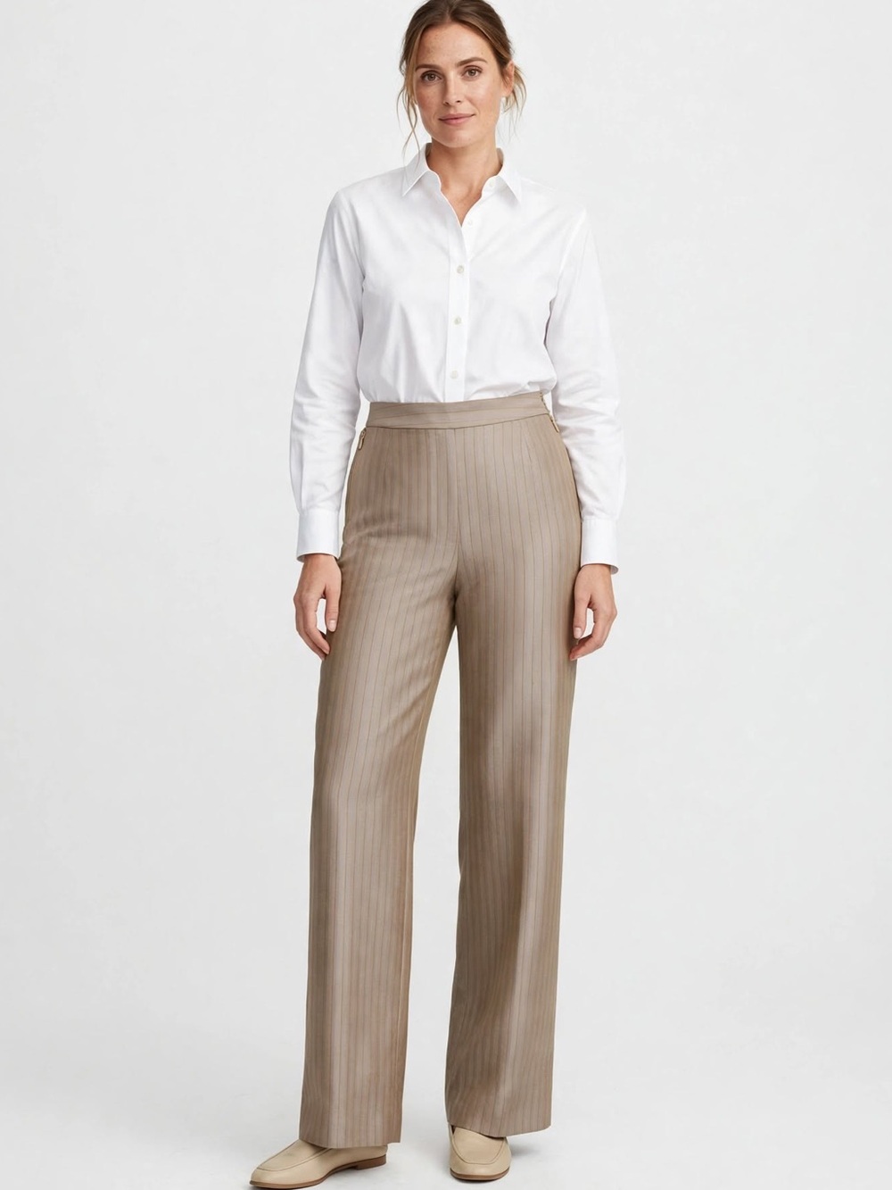 Suit Studio Women's Dress Pants Size 12 Taupe Herringbone Pinstripe High Waist